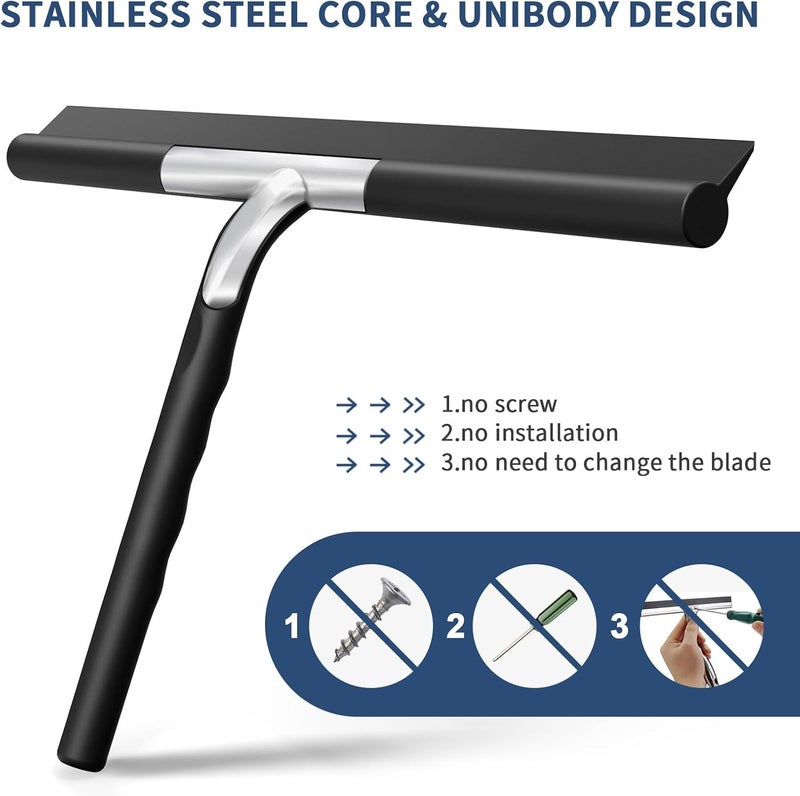 ecooe Silicone Shower Squeegee with Hanger, 11″/28cm Shower Squeegee for Glass Doors, Black Window Squeegee Scraper with Stainless Steel Core for Home Bathroom Kitchen Car Glass Doors - Image 3